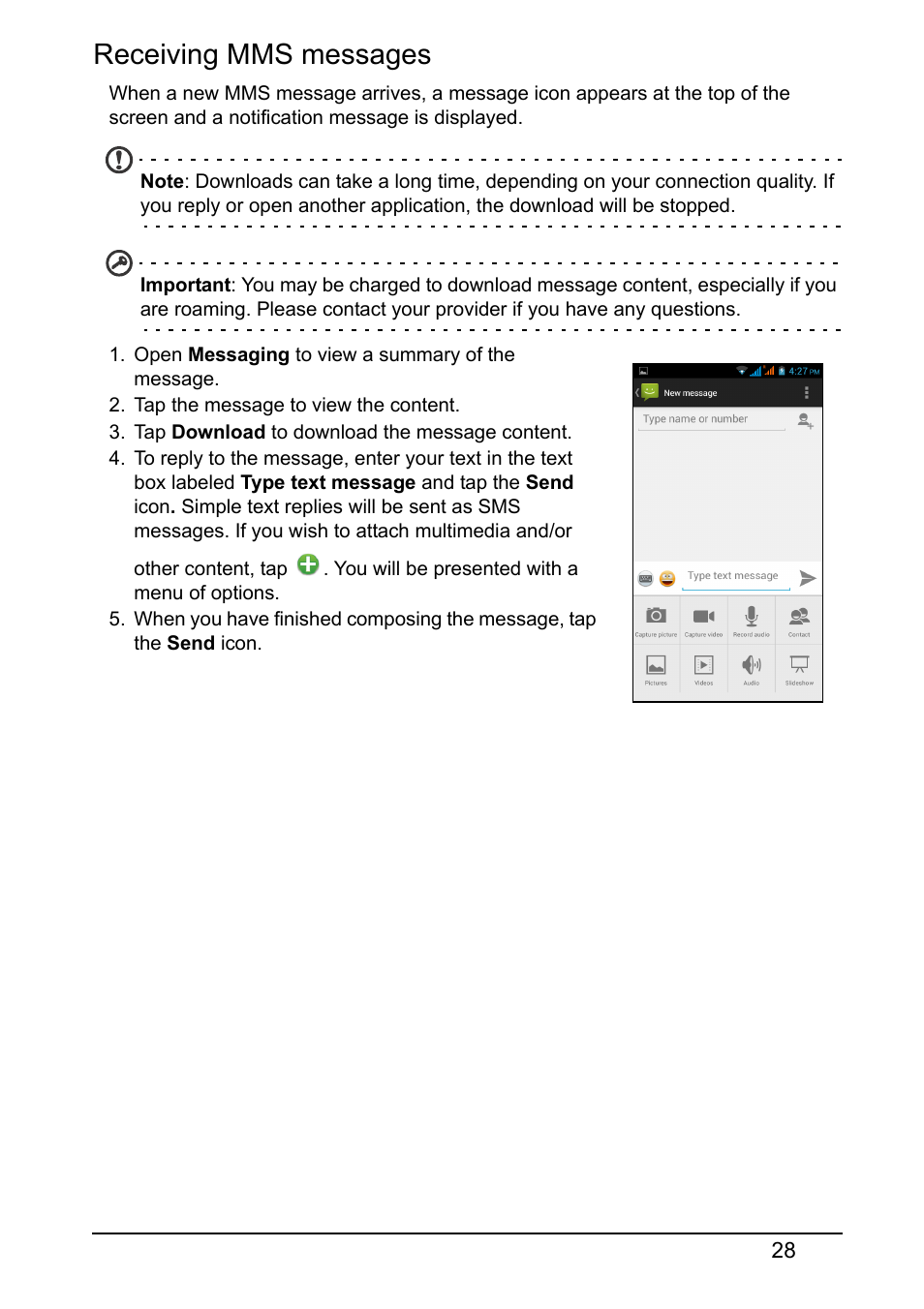 Receiving mms messages | Acer Z150 User Manual | Page 28 / 65