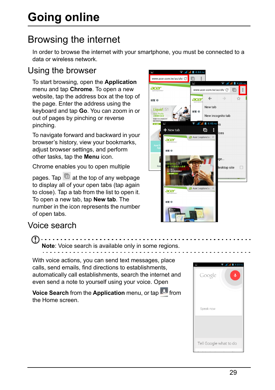 Going online, Browsing the internet, Using the browser | Voice search | Acer Z150 User Manual | Page 29 / 65