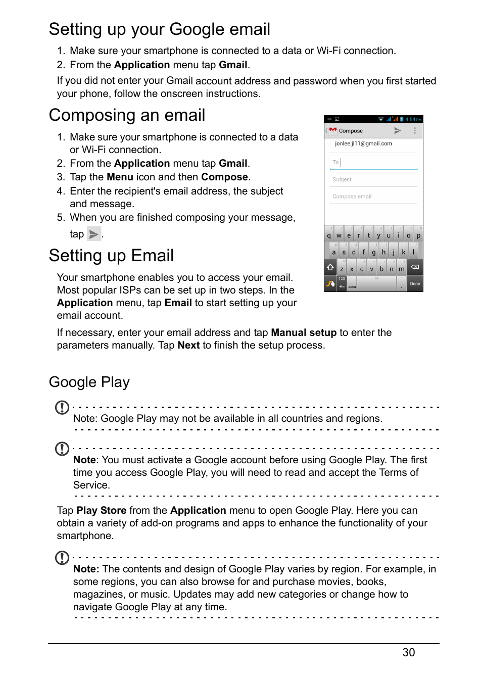 Setting up your google email, Composing an email, Setting up email | Google play | Acer Z150 User Manual | Page 30 / 65