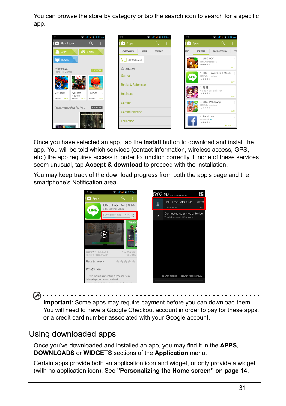 Using downloaded apps | Acer Z150 User Manual | Page 31 / 65