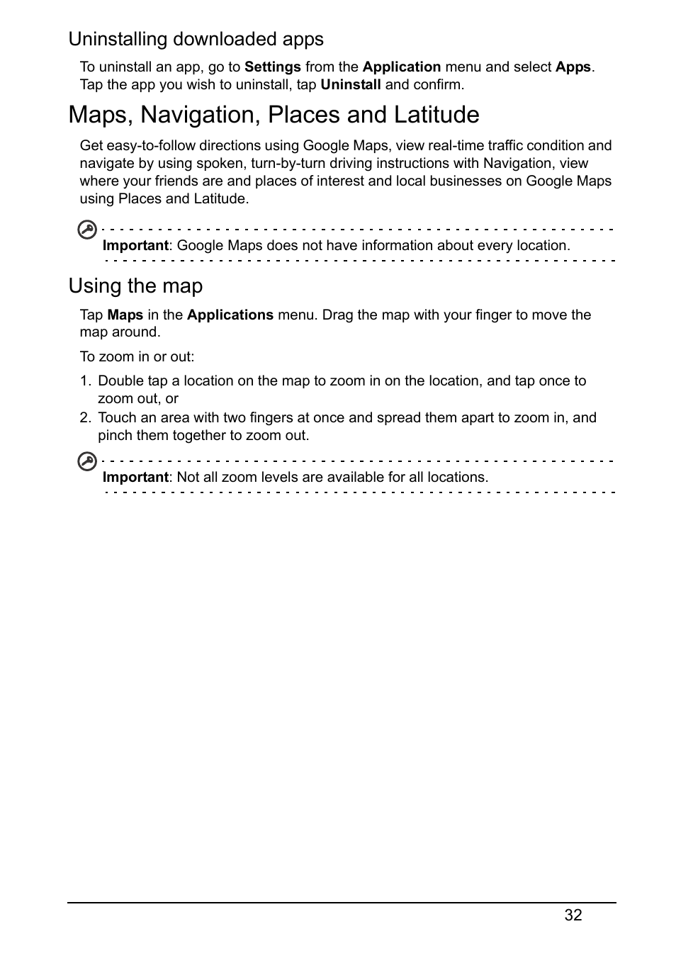 Maps, navigation, places and latitude, Using the map, Uninstalling downloaded apps | Acer Z150 User Manual | Page 32 / 65