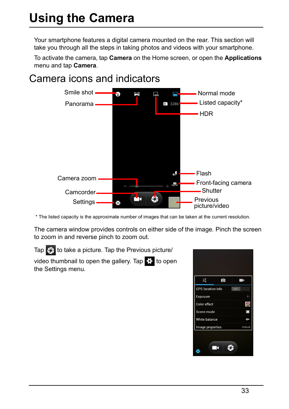 Using the camera, Camera icons and indicators | Acer Z150 User Manual | Page 33 / 65