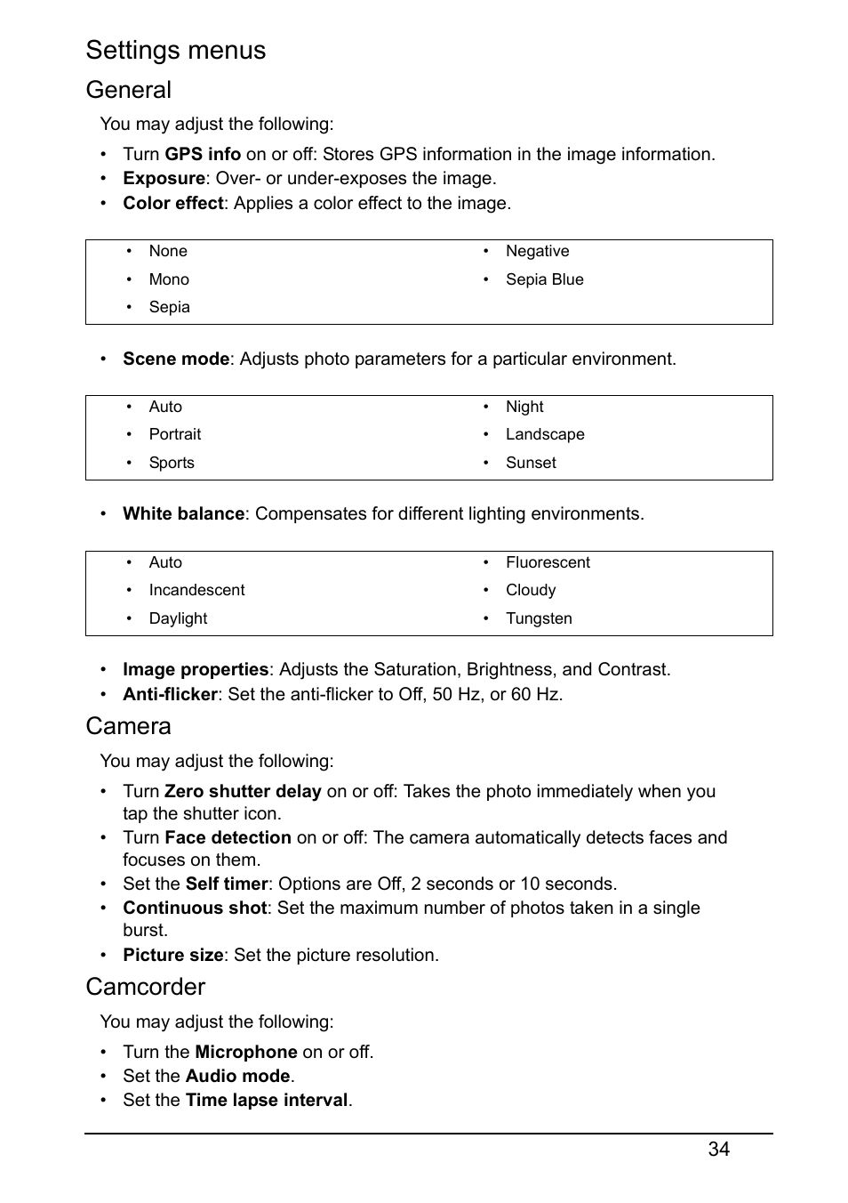 Settings menus, General, Camera | Camcorder | Acer Z150 User Manual | Page 34 / 65