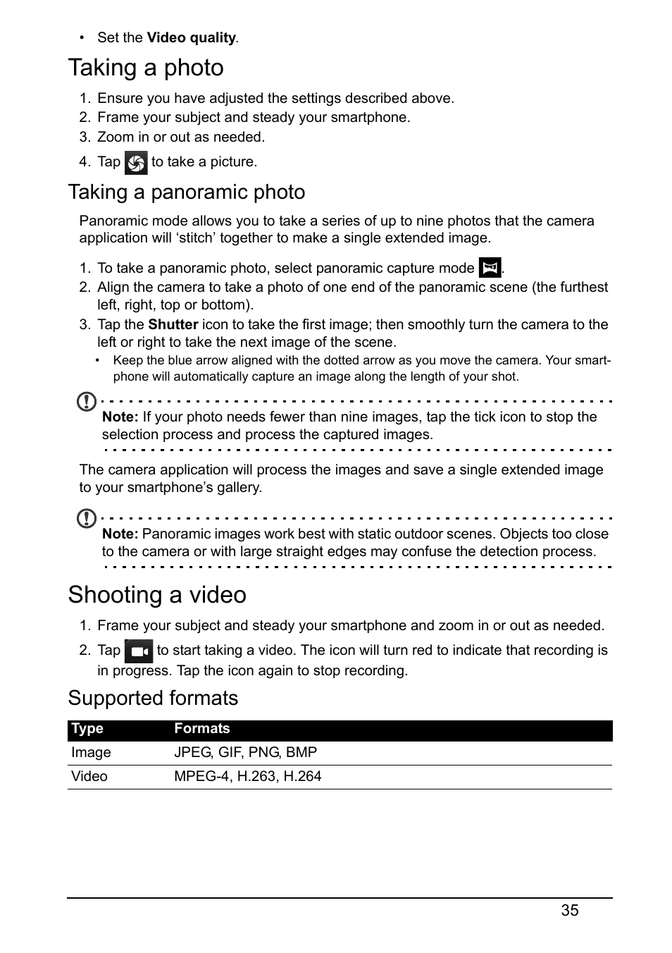 Taking a photo, Taking a panoramic photo, Shooting a video | Supported formats, Taking a photo shooting a video | Acer Z150 User Manual | Page 35 / 65