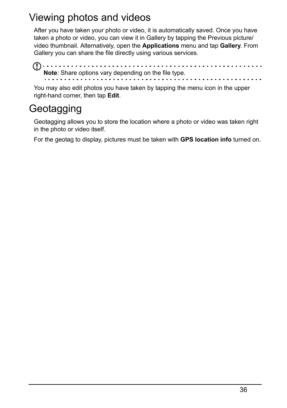 Viewing photos and videos, Geotagging, Viewing photos and videos geotagging | Acer Z150 User Manual | Page 36 / 65
