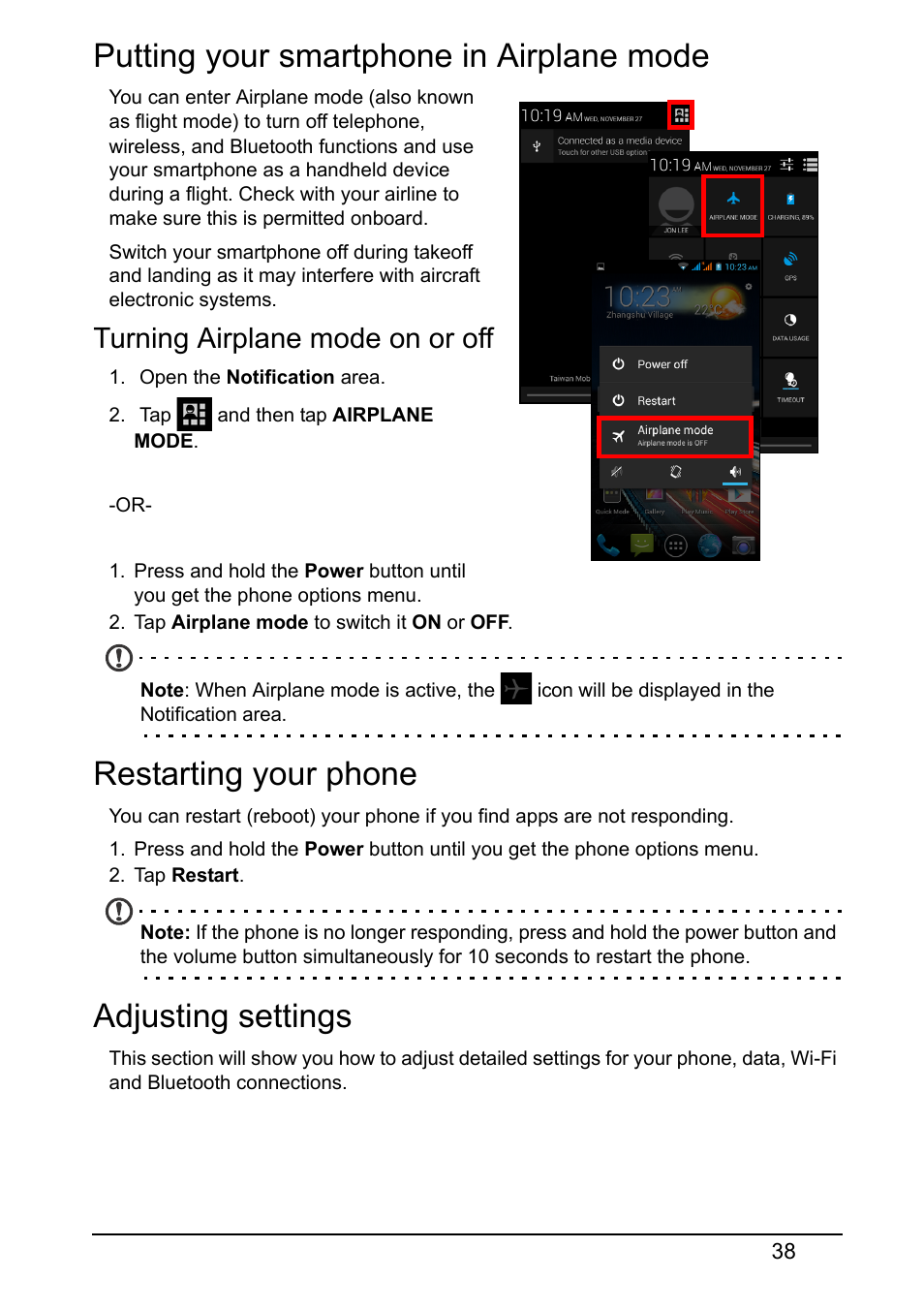 Putting your smartphone in airplane mode, Turning airplane mode on or off, Restarting your phone | Adjusting settings | Acer Z150 User Manual | Page 38 / 65