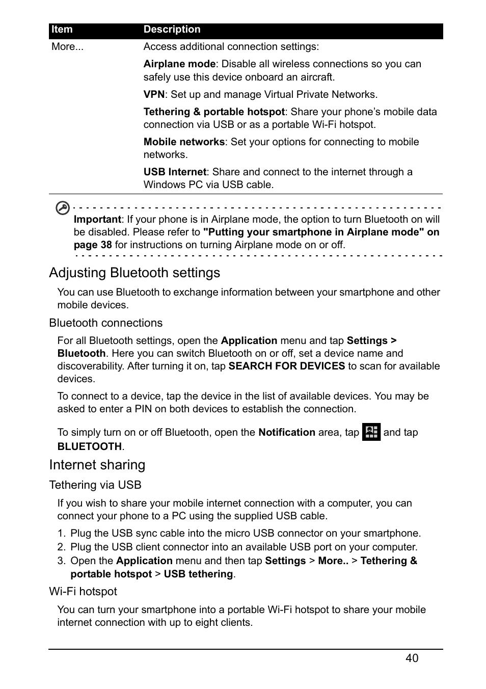 Adjusting bluetooth settings, Internet sharing | Acer Z150 User Manual | Page 40 / 65