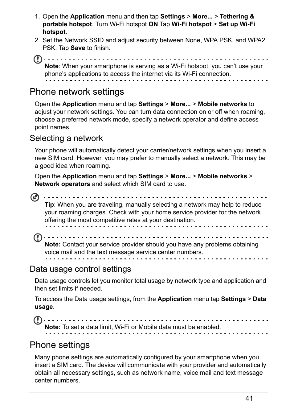 Phone network settings, Phone settings, Selecting a network | Data usage control settings | Acer Z150 User Manual | Page 41 / 65