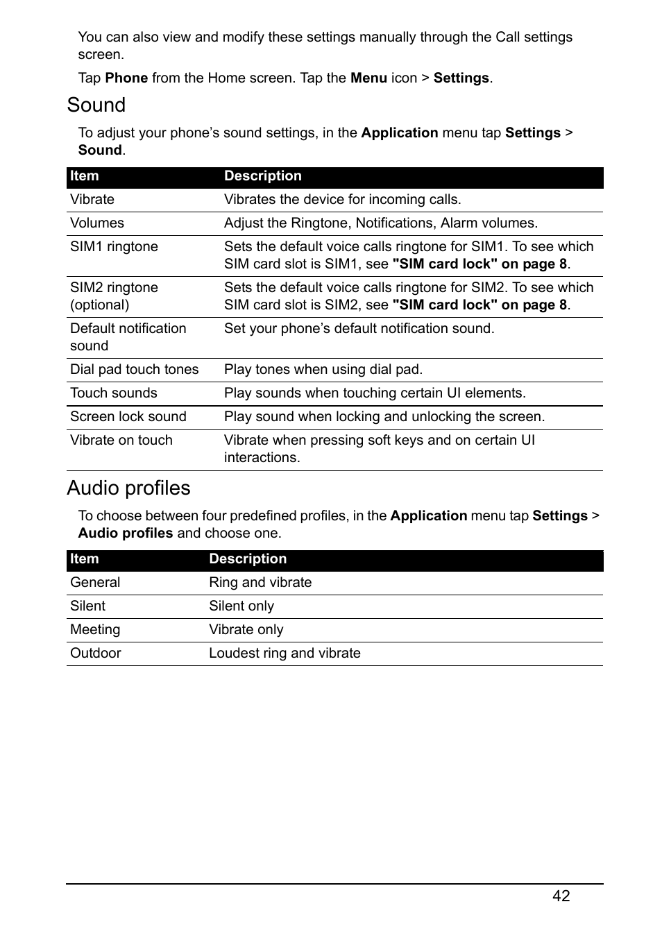 Sound, Audio profiles | Acer Z150 User Manual | Page 42 / 65