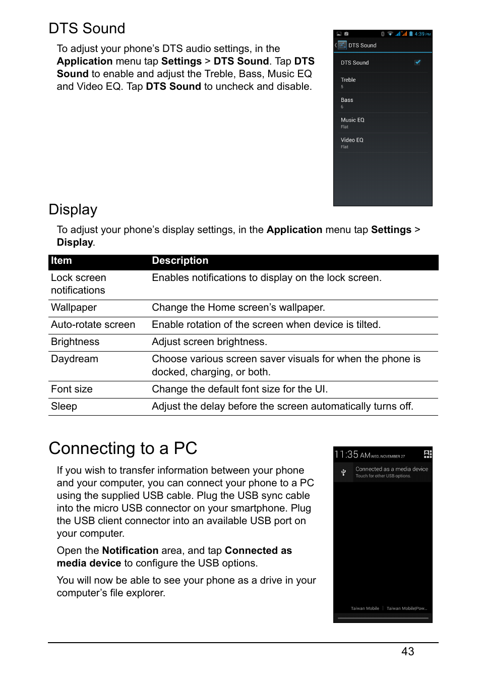 Dts sound, Display, Connecting to a pc | Acer Z150 User Manual | Page 43 / 65