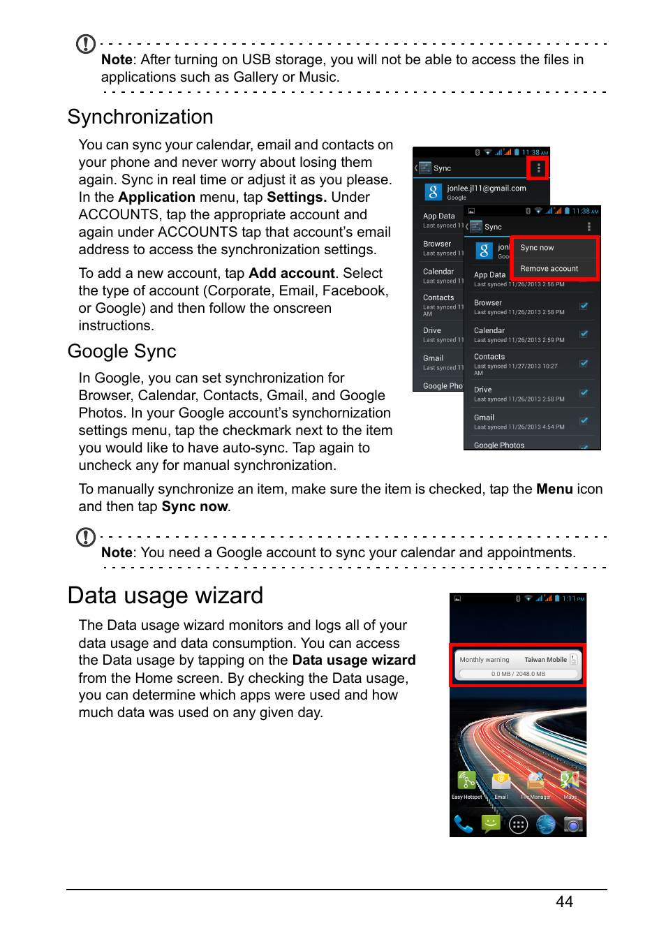 Synchronization, Data usage wizard, Google sync | Acer Z150 User Manual | Page 44 / 65