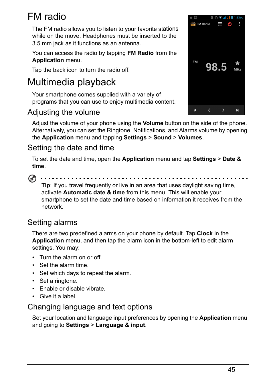 Fm radio, Multimedia playback, Fm radio multimedia playback | Acer Z150 User Manual | Page 45 / 65