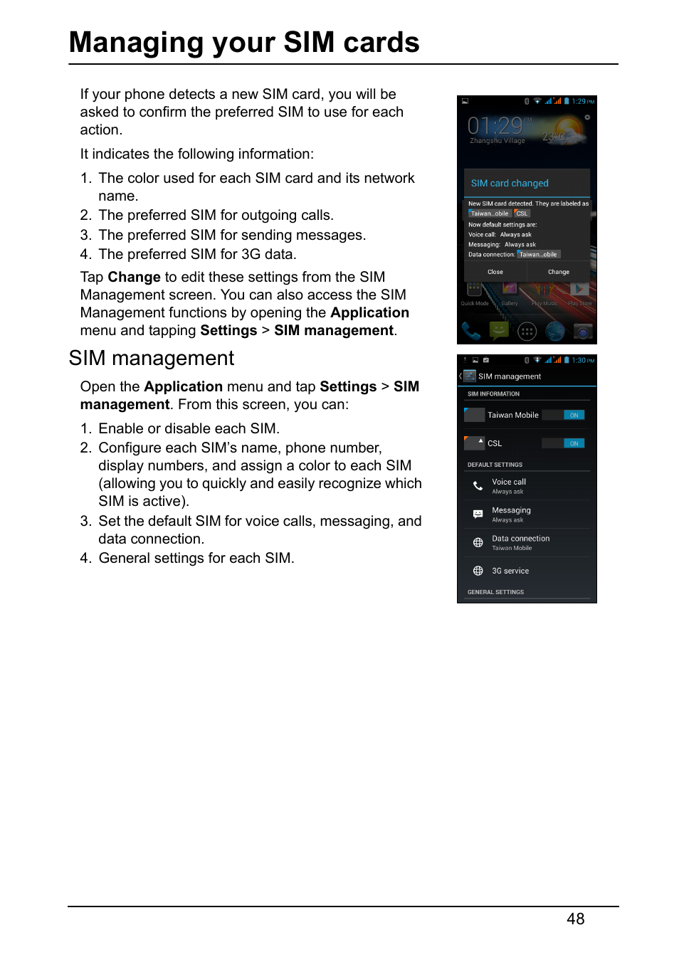 Managing your sim cards, Sim management | Acer Z150 User Manual | Page 48 / 65