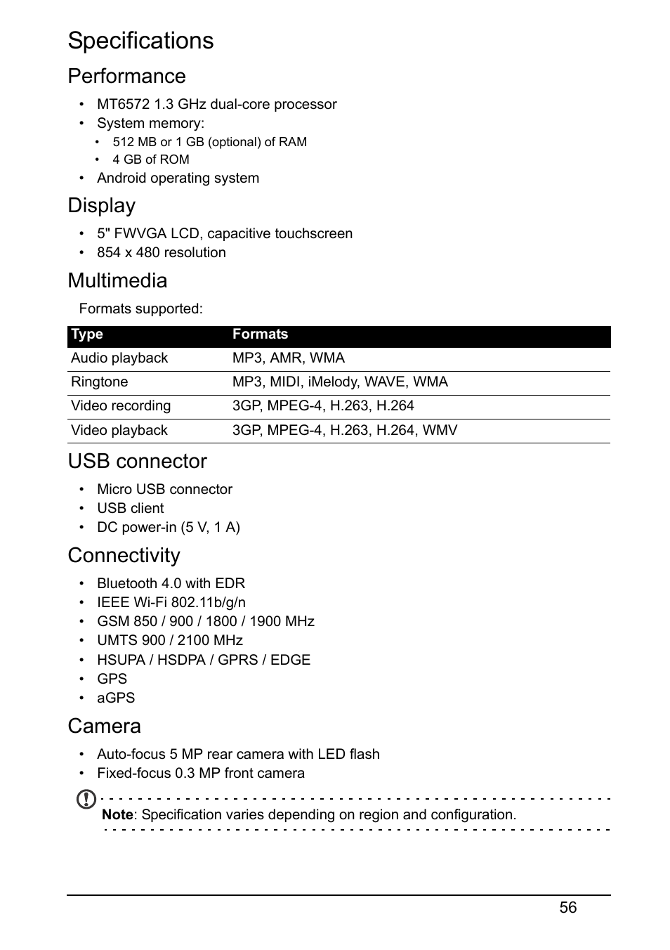 Specifications, Performance, Display | Multimedia, Usb connector, Connectivity, Camera | Acer Z150 User Manual | Page 56 / 65