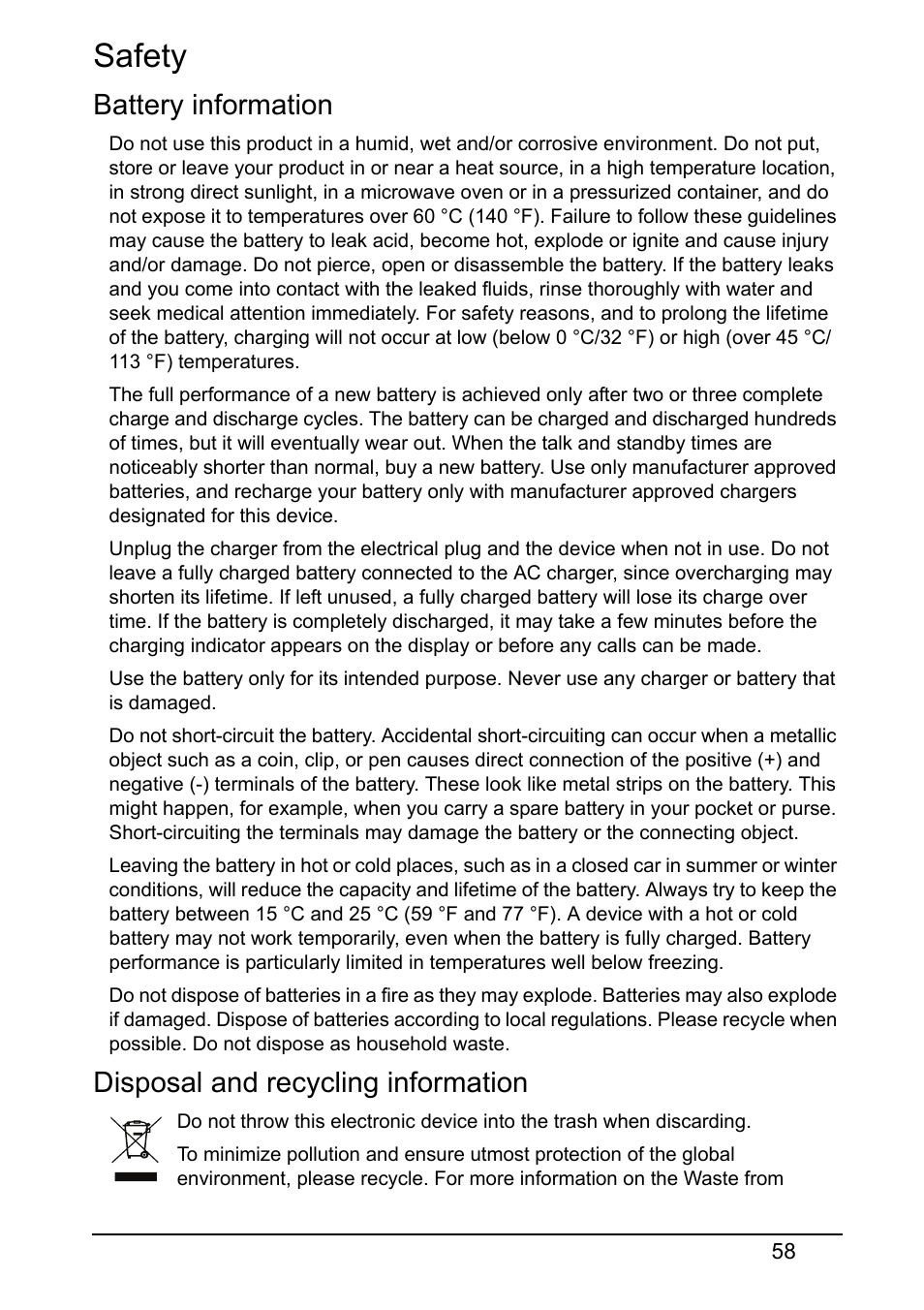 Safety, Battery information, Disposal and recycling information | Acer Z150 User Manual | Page 58 / 65