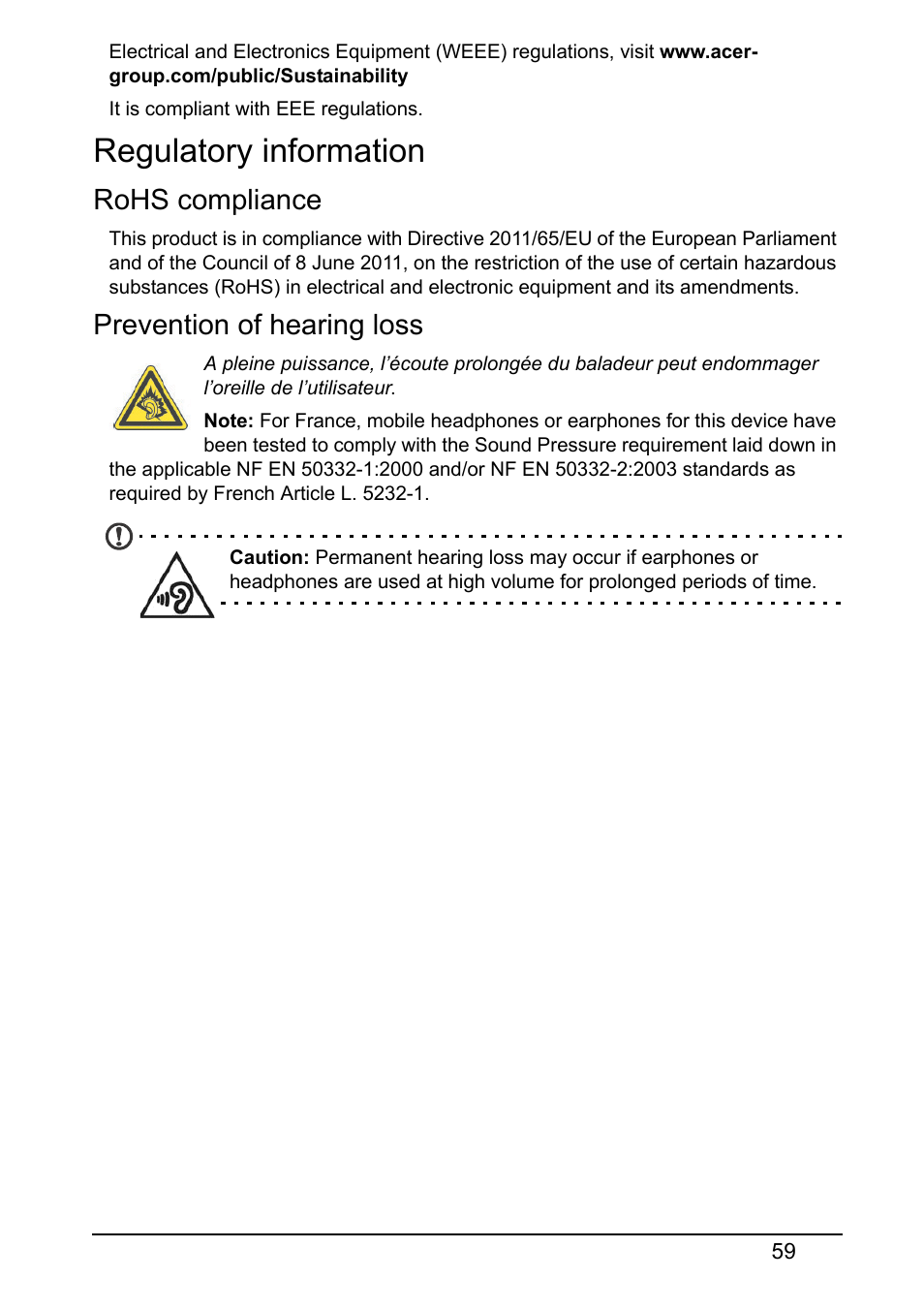 Regulatory information, Rohs compliance, Prevention of hearing loss | Acer Z150 User Manual | Page 59 / 65