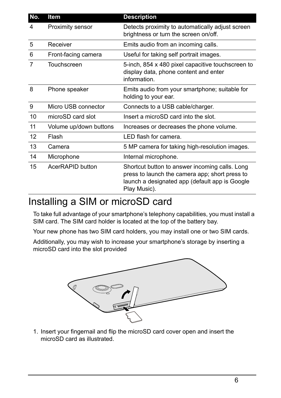 Installing a sim or microsd card | Acer Z150 User Manual | Page 6 / 65