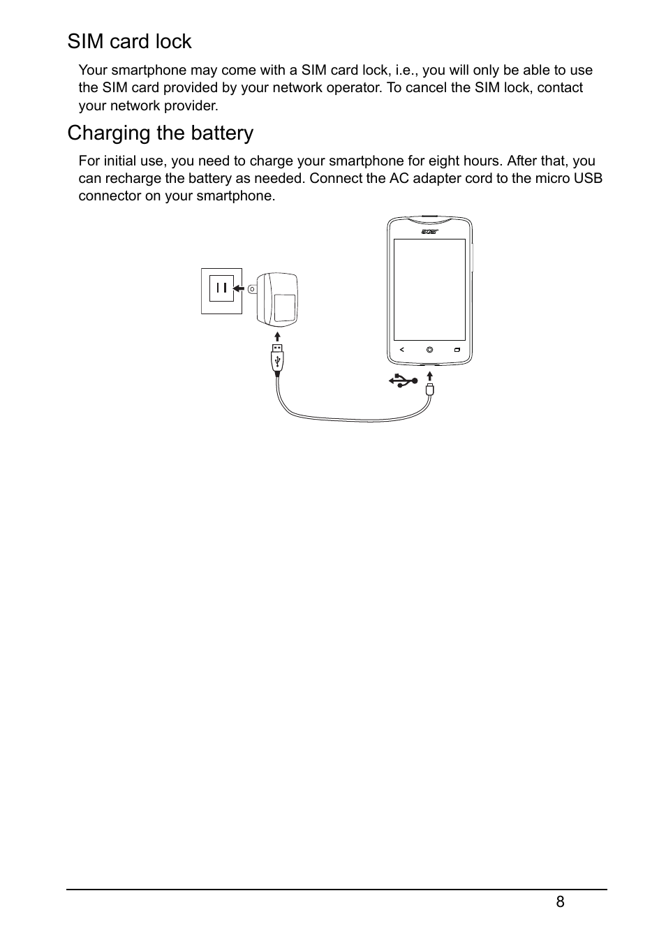 Sim card lock, Charging the battery | Acer Z150 User Manual | Page 8 / 65