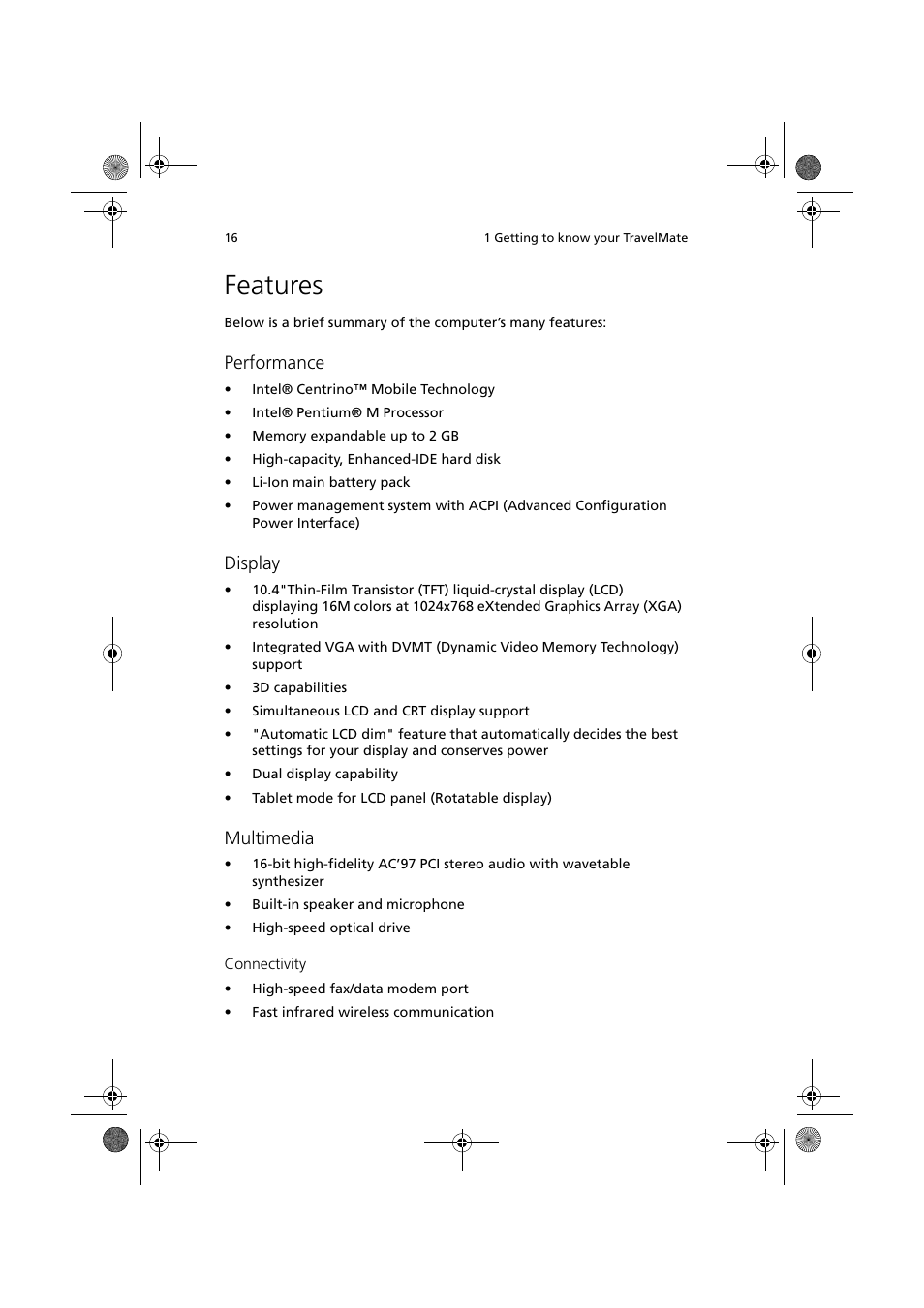 Features, Performance, Display | Multimedia | Acer TravelMate C110 User Manual | Page 26 / 94