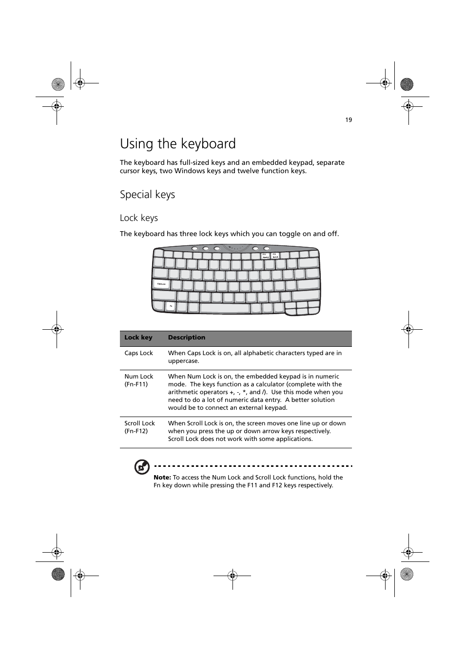 Using the keyboard, Special keys, Lock keys | Acer TravelMate C110 User Manual | Page 29 / 94