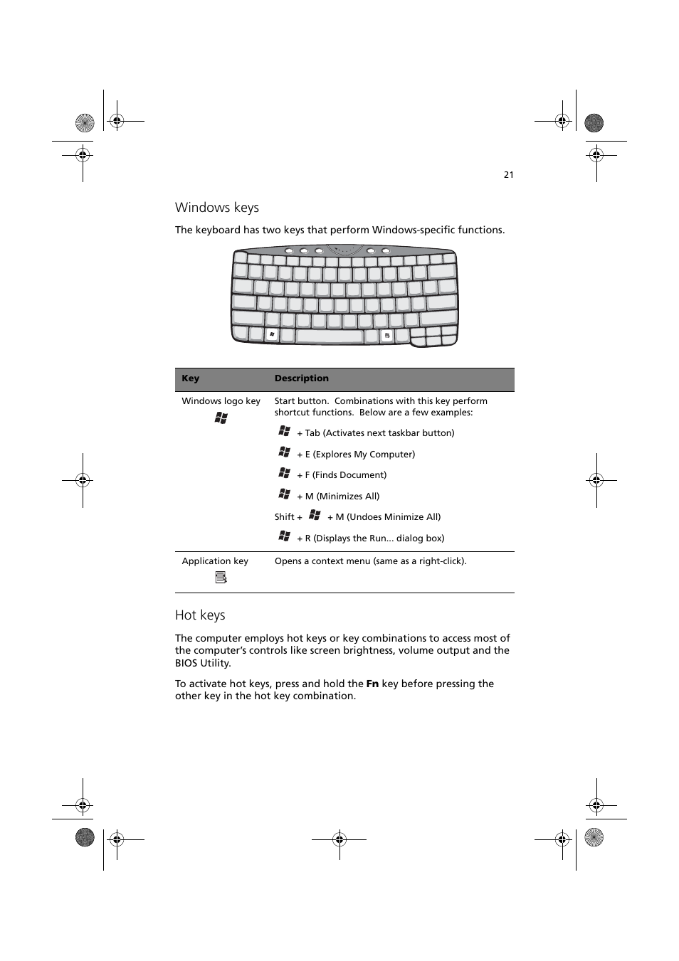 Windows keys, Hot keys | Acer TravelMate C110 User Manual | Page 31 / 94