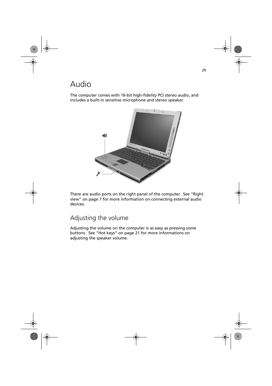 Audio, Adjusting the volume | Acer TravelMate C110 User Manual | Page 39 / 94