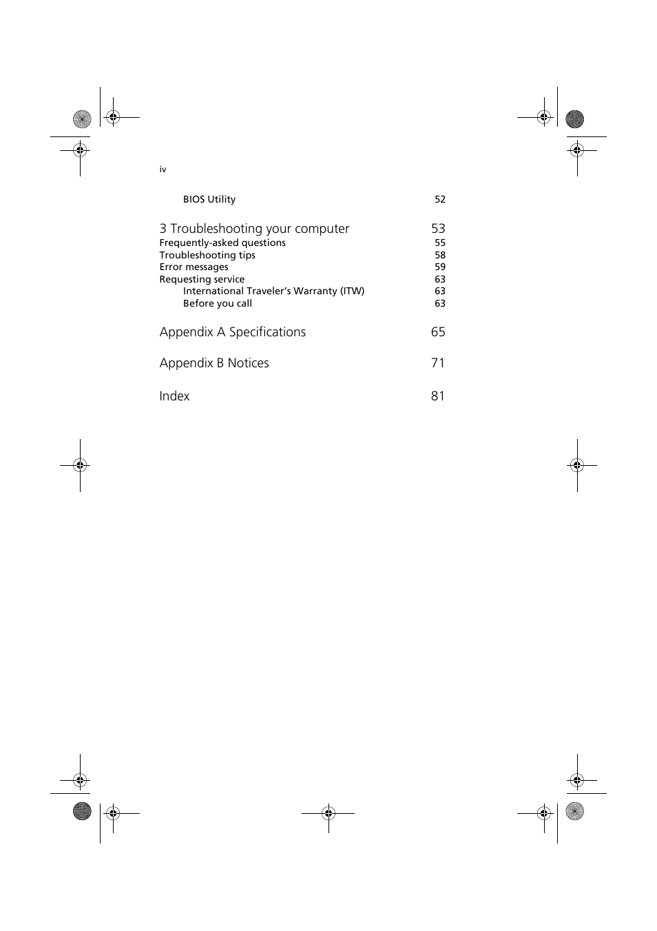3 troubleshooting your computer 53 | Acer TravelMate C110 User Manual | Page 4 / 94