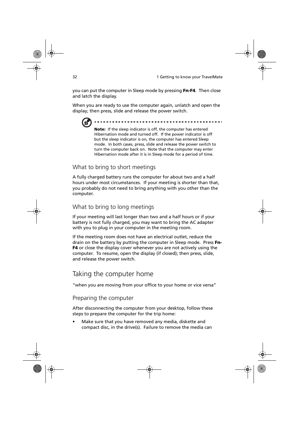 Taking the computer home, What to bring to short meetings, What to bring to long meetings | Preparing the computer | Acer TravelMate C110 User Manual | Page 42 / 94