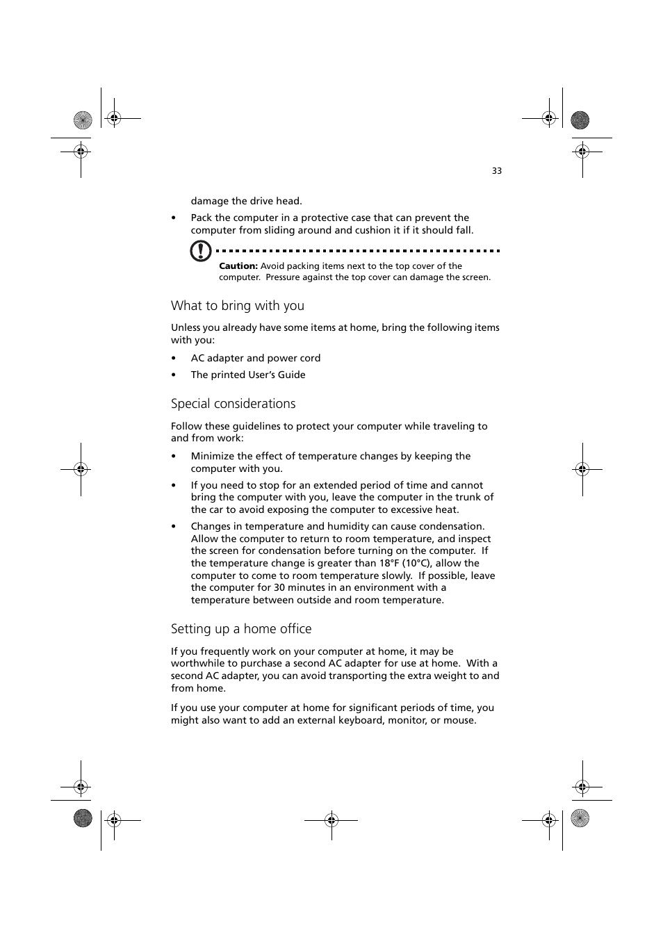 What to bring with you, Special considerations, Setting up a home office | Acer TravelMate C110 User Manual | Page 43 / 94