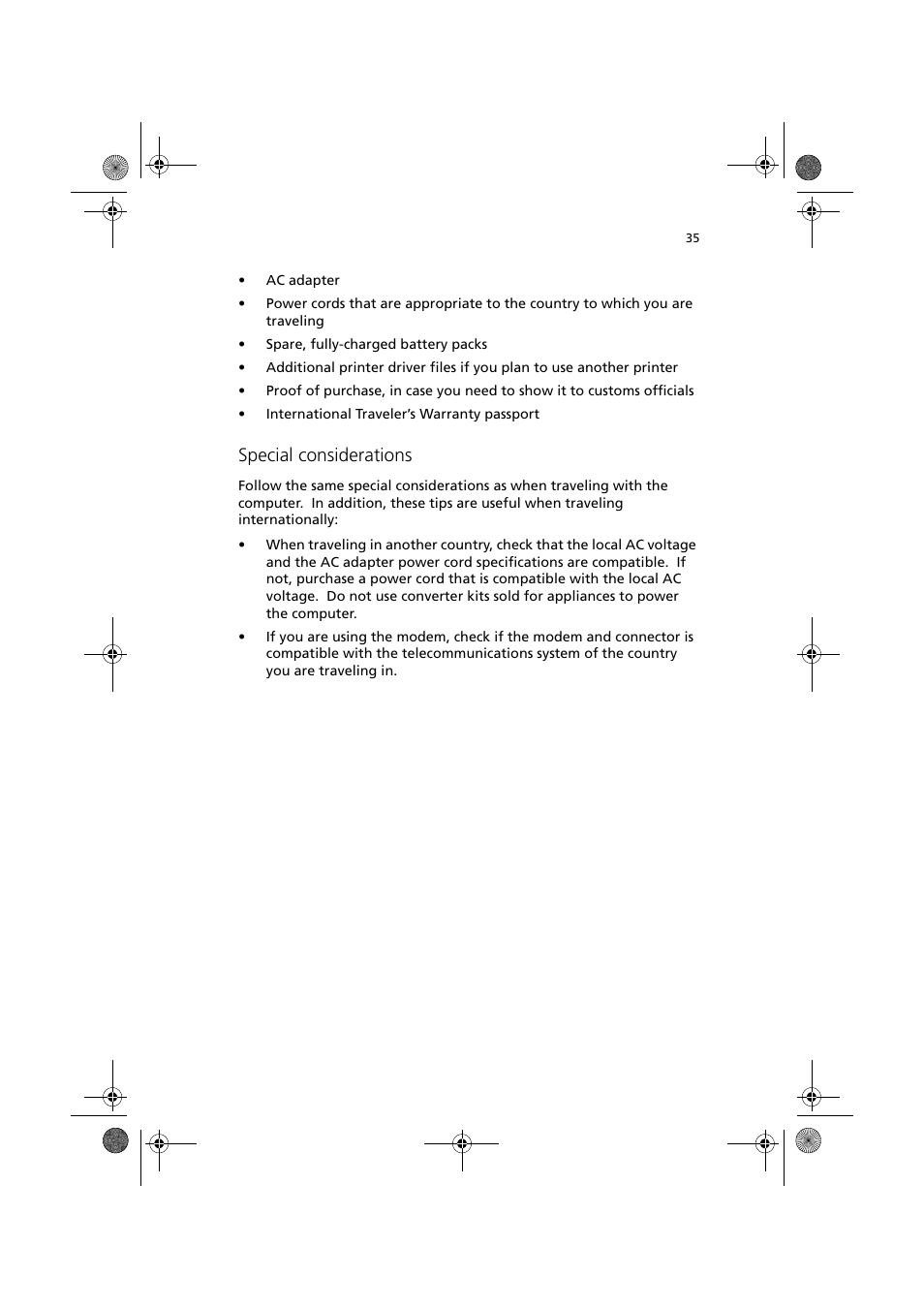 Special considerations | Acer TravelMate C110 User Manual | Page 45 / 94