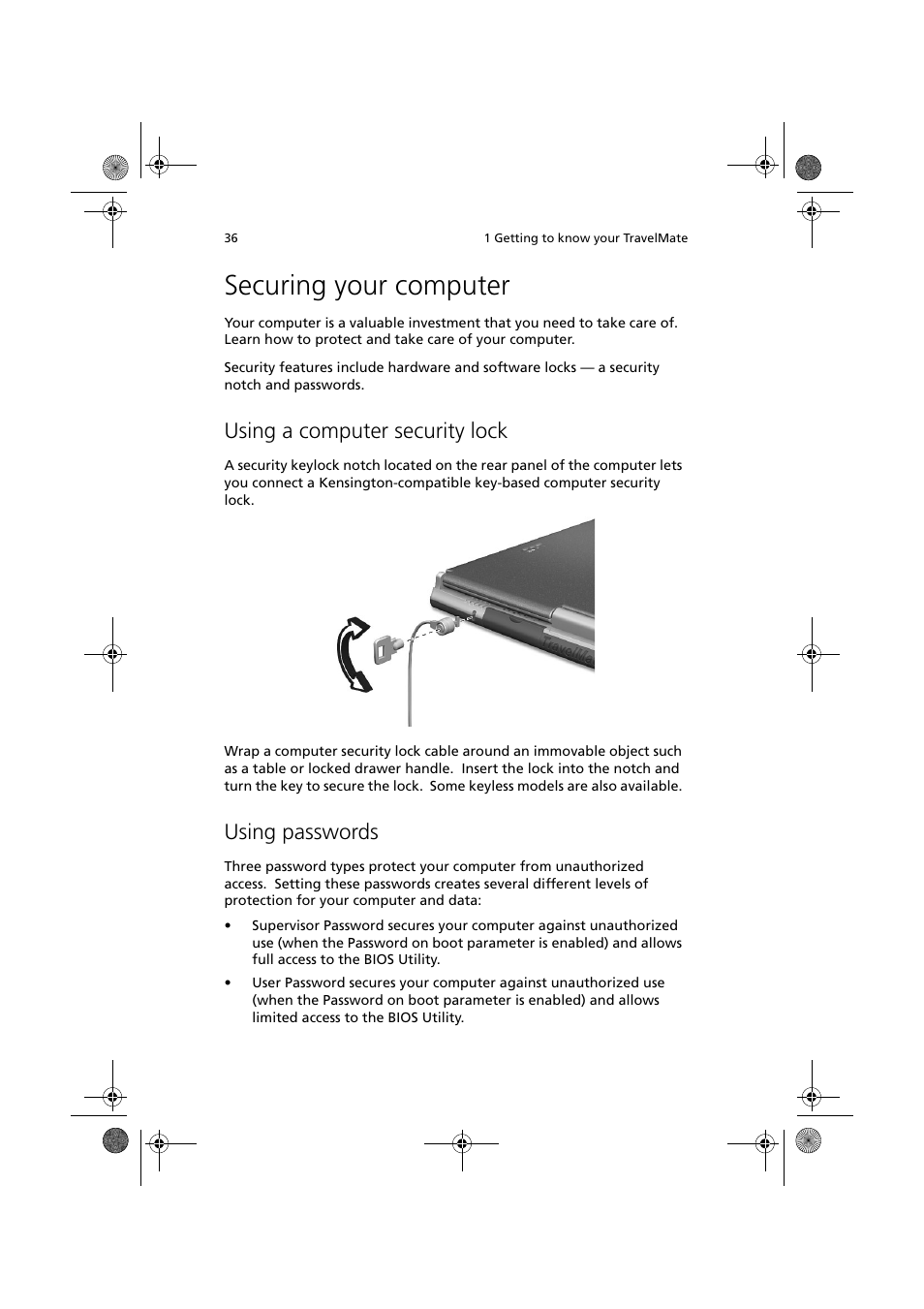 Securing your computer, Using a computer security lock, Using passwords | Acer TravelMate C110 User Manual | Page 46 / 94