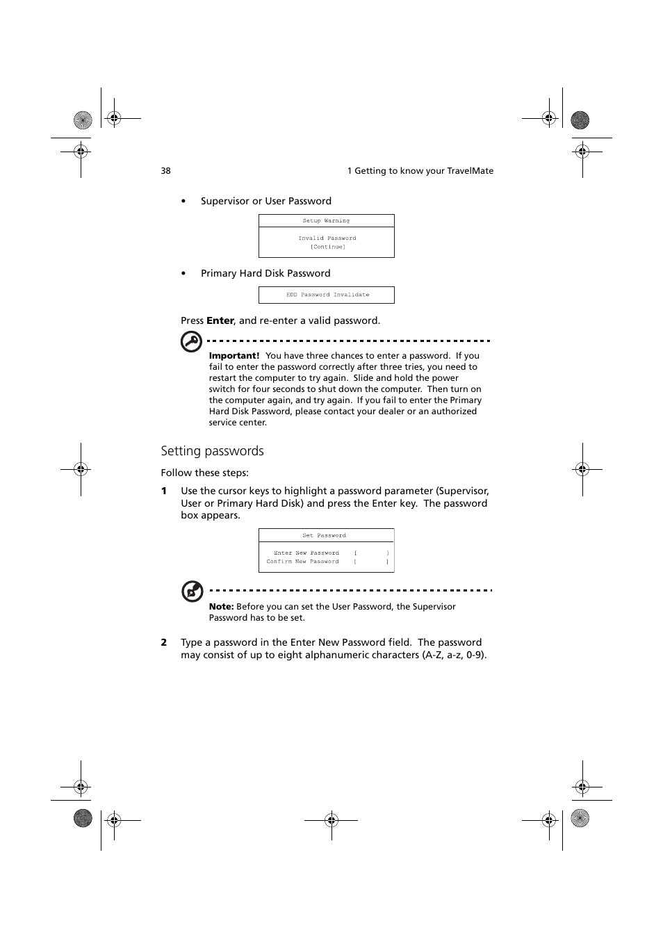 Setting passwords | Acer TravelMate C110 User Manual | Page 48 / 94