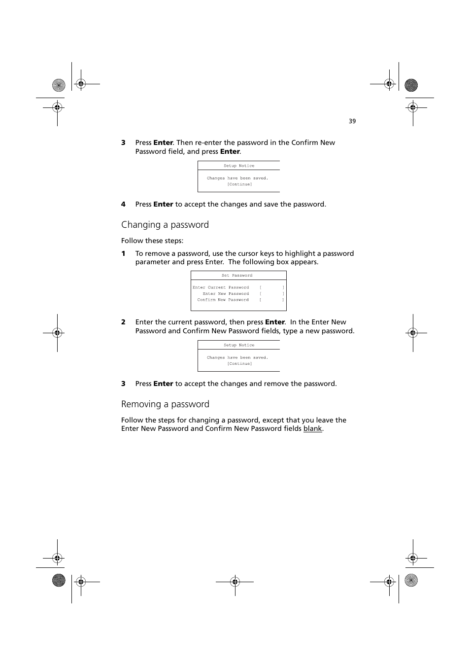 Changing a password, Removing a password | Acer TravelMate C110 User Manual | Page 49 / 94