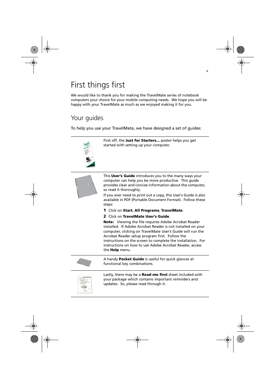 First things first, Your guides | Acer TravelMate C110 User Manual | Page 5 / 94