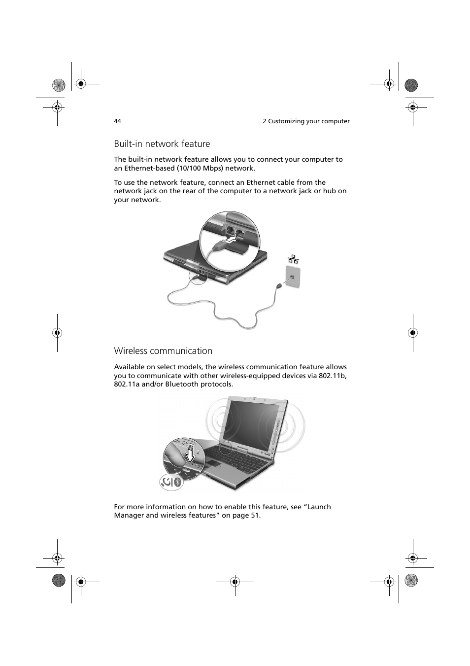 Built-in network feature, Wireless communication | Acer TravelMate C110 User Manual | Page 54 / 94