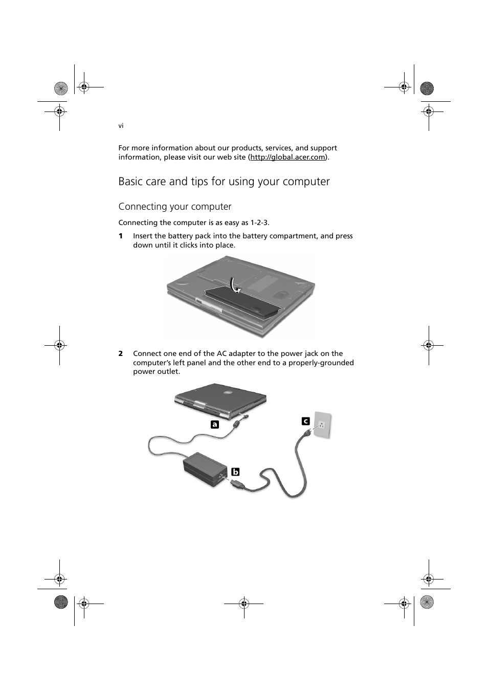 Basic care and tips for using your computer, Connecting your computer | Acer TravelMate C110 User Manual | Page 6 / 94