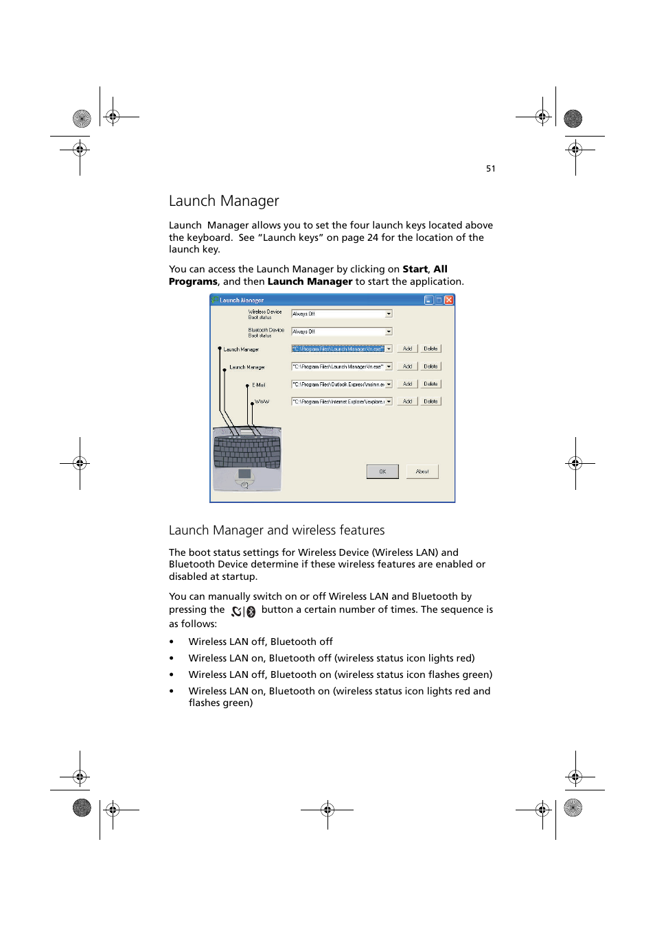 Launch manager, Launch manager and wireless features | Acer TravelMate C110 User Manual | Page 61 / 94