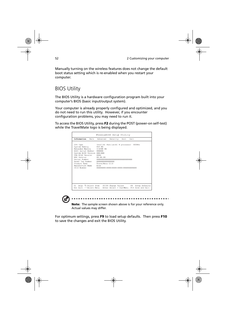 Bios utility | Acer TravelMate C110 User Manual | Page 62 / 94