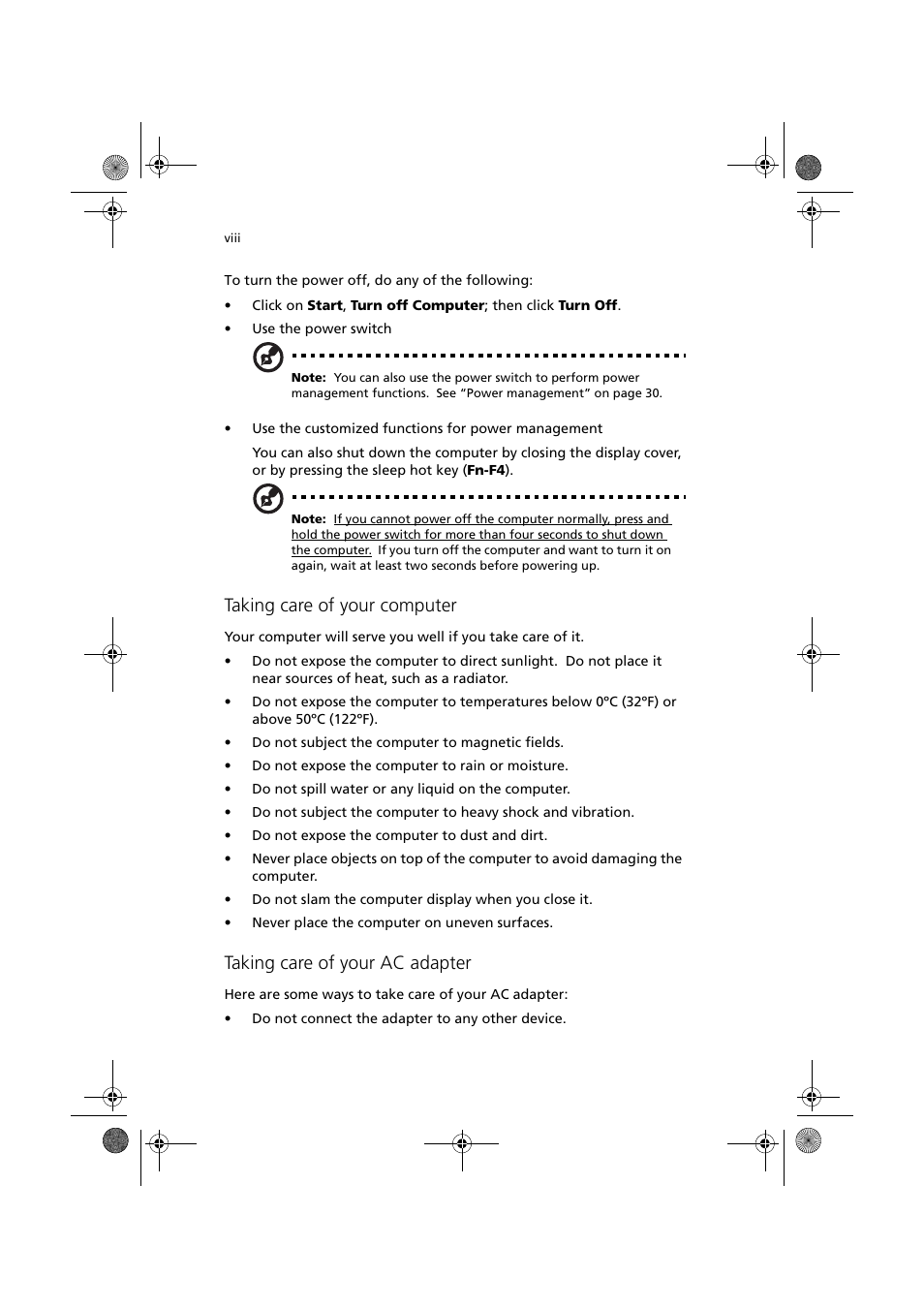 Taking care of your computer, Taking care of your ac adapter | Acer TravelMate C110 User Manual | Page 8 / 94
