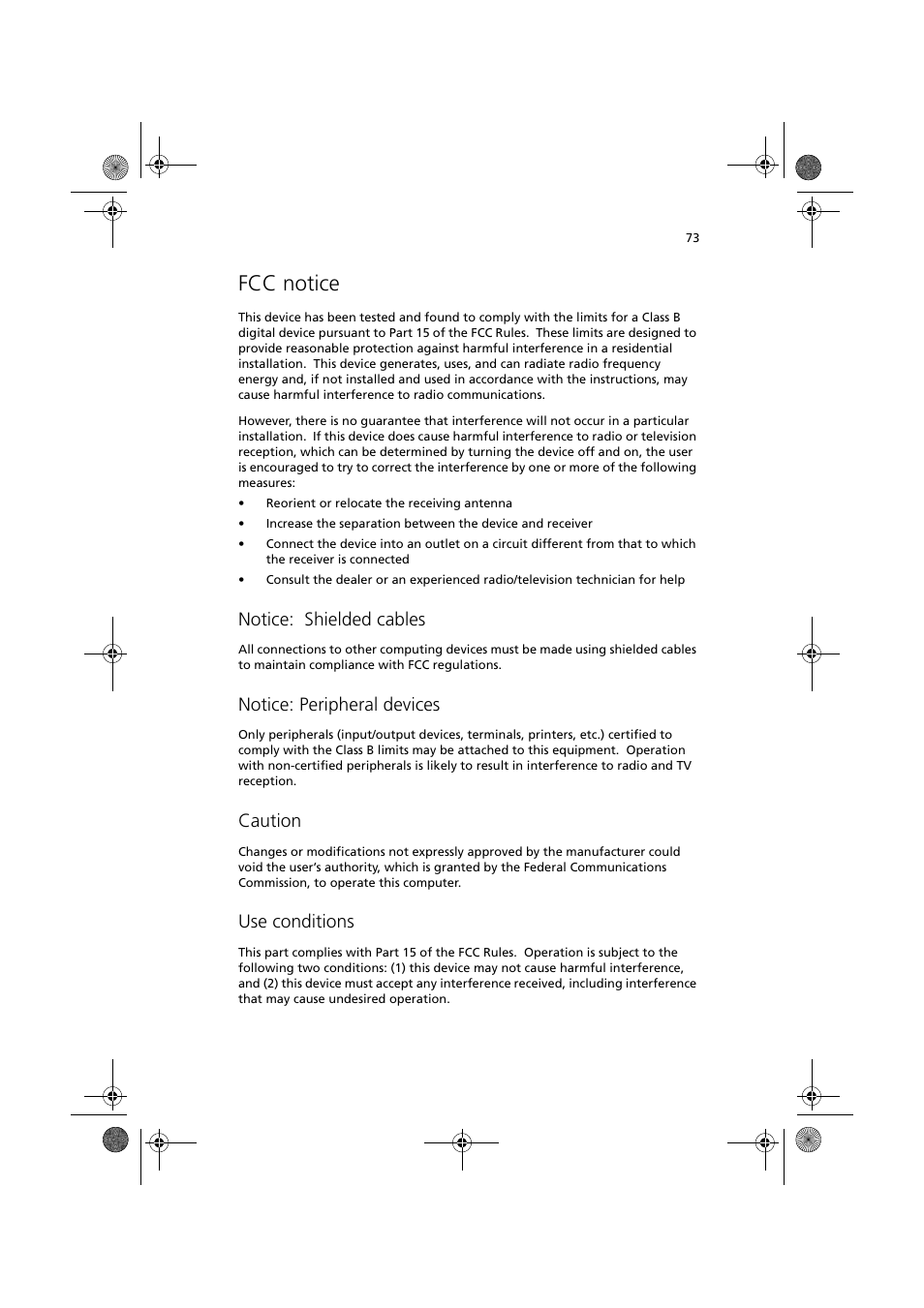 Fcc notice, Notice: shielded cables, Notice: peripheral devices | Caution, Use conditions | Acer TravelMate C110 User Manual | Page 83 / 94
