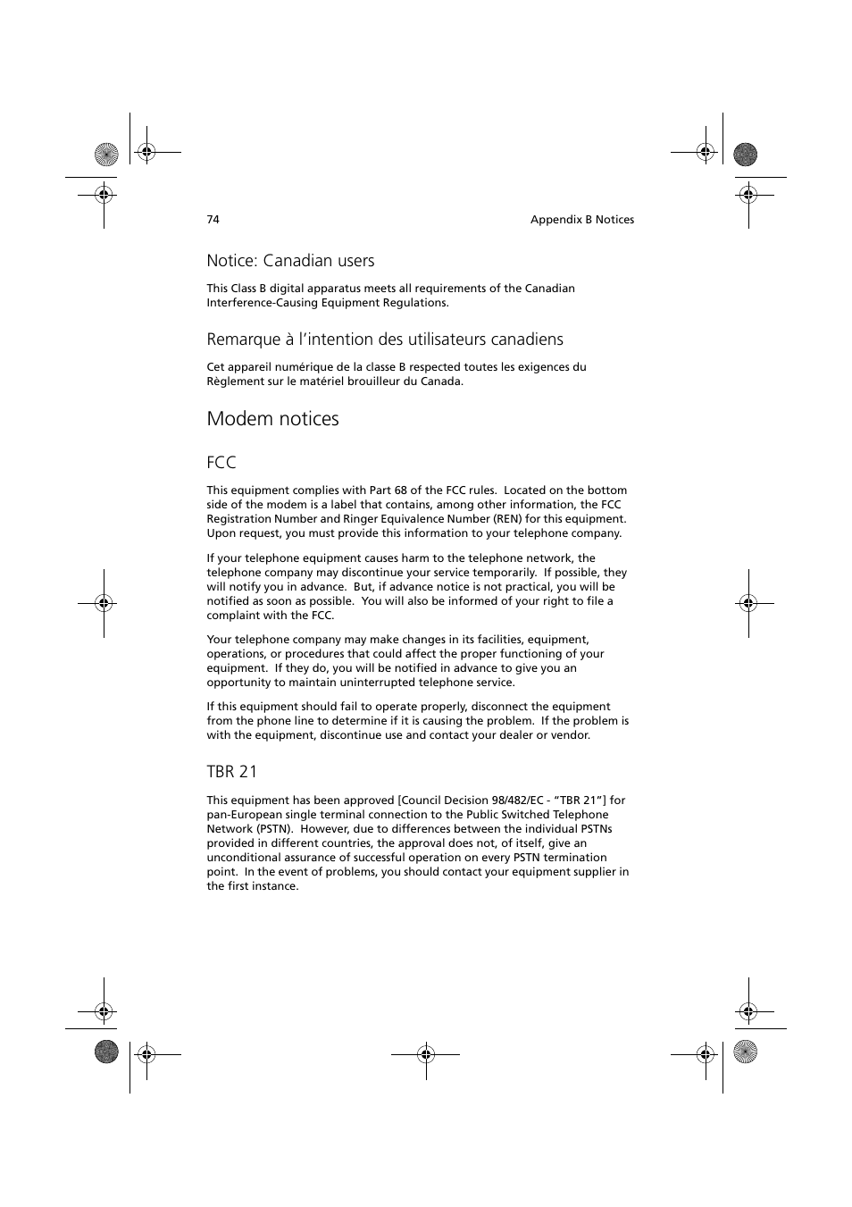 Modem notices, Notice: canadian users, Remarque à l’intention des utilisateurs canadiens | Tbr 21 | Acer TravelMate C110 User Manual | Page 84 / 94