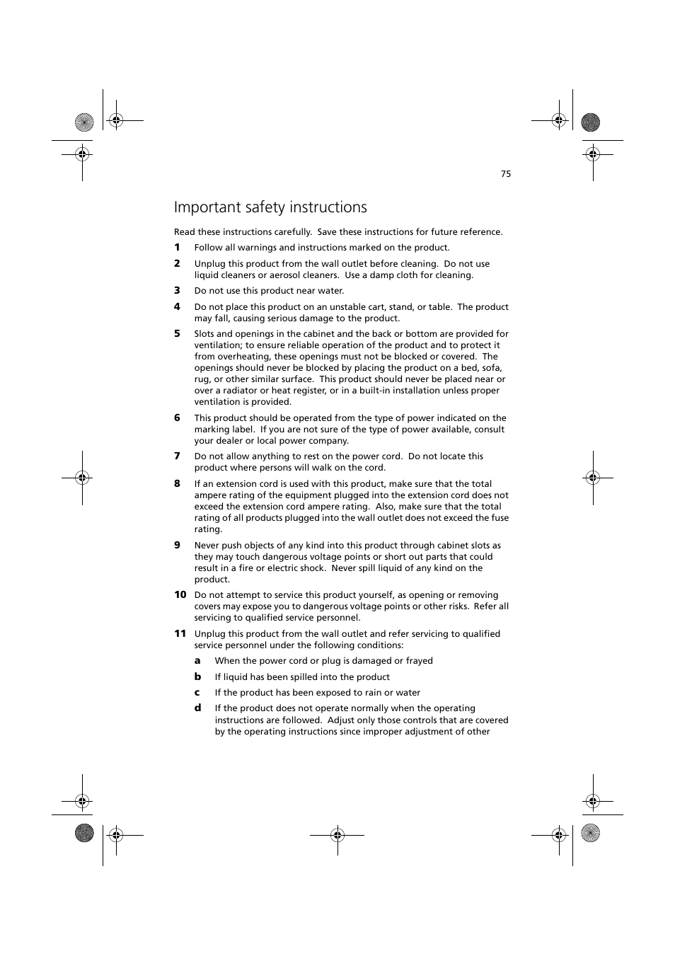 Important safety instructions | Acer TravelMate C110 User Manual | Page 85 / 94