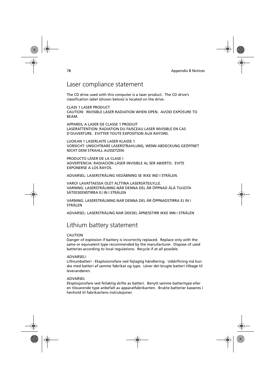 Laser compliance statement, Lithium battery statement | Acer TravelMate C110 User Manual | Page 88 / 94