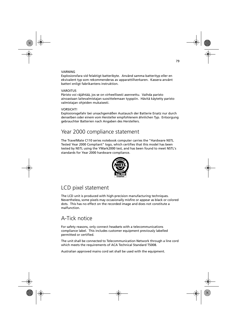 Year 2000 compliance statement, Lcd pixel statement, A-tick notice | Acer TravelMate C110 User Manual | Page 89 / 94