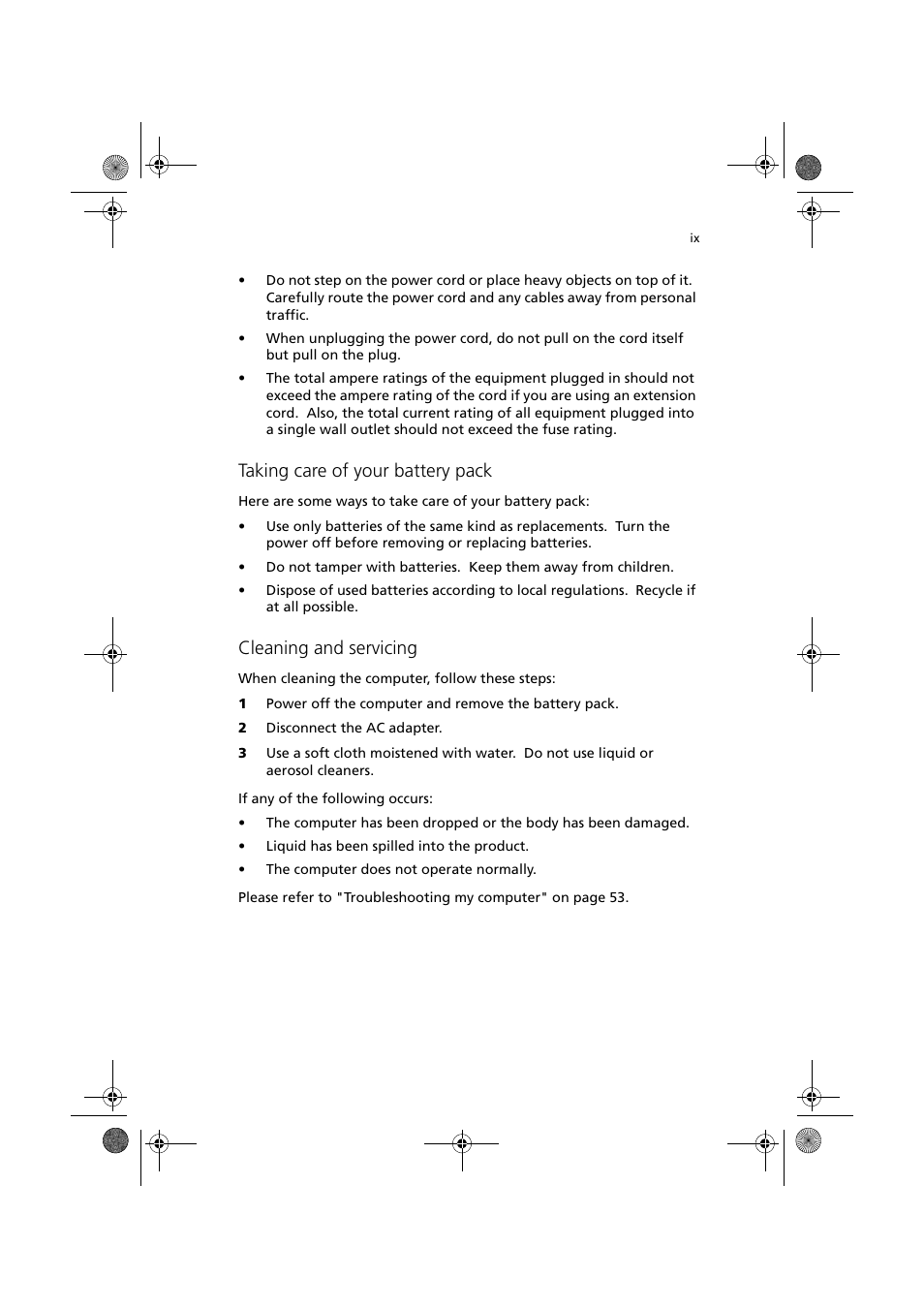 Taking care of your battery pack, Cleaning and servicing | Acer TravelMate C110 User Manual | Page 9 / 94