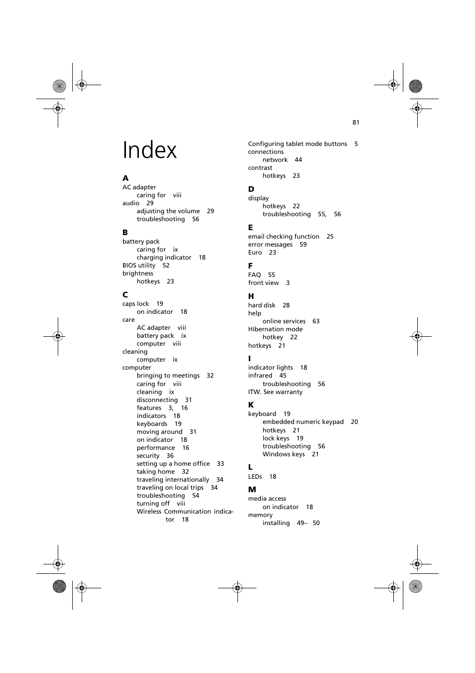 Index | Acer TravelMate C110 User Manual | Page 91 / 94