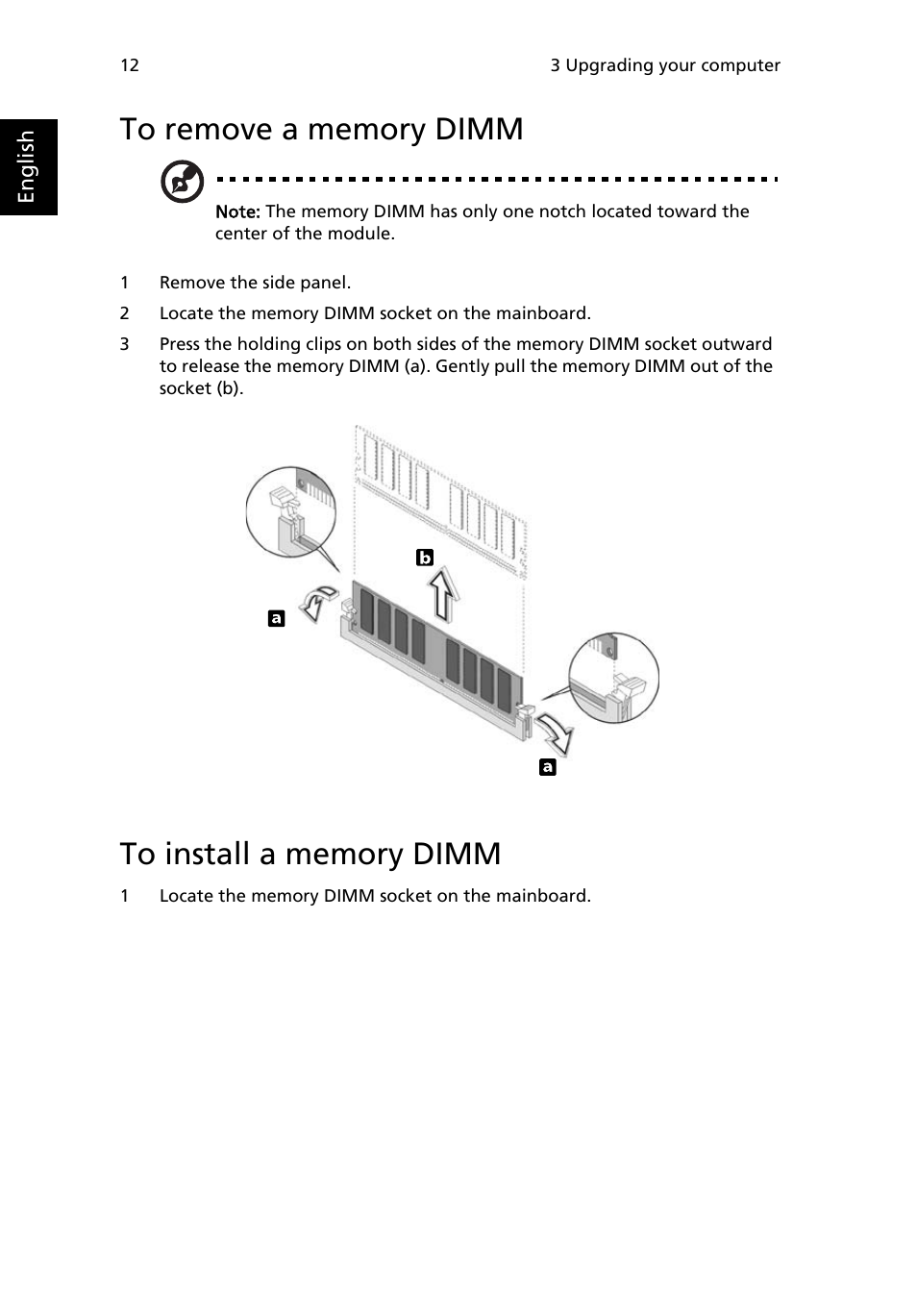 To remove a memory dimm, To install a memory dimm | Acer Veriton Z2630G User Manual | Page 22 / 38