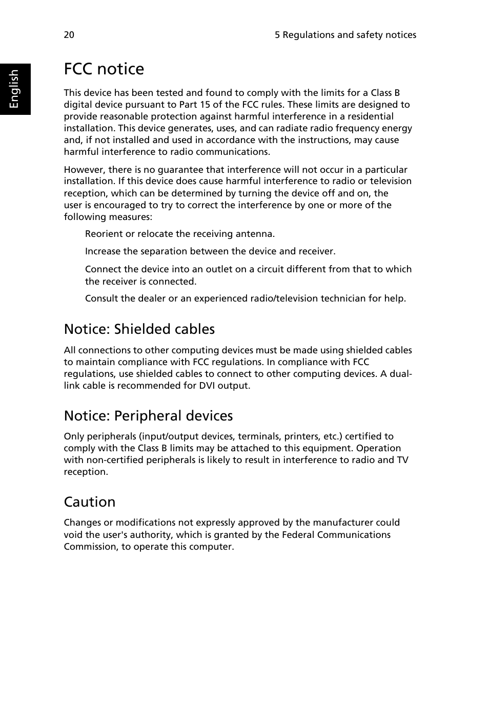 Fcc notice, Notice: shielded cables, Notice: peripheral devices | Caution | Acer Veriton Z2630G User Manual | Page 30 / 38