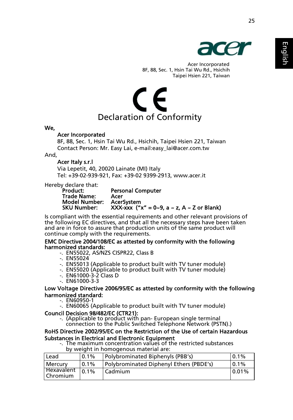 Declaration of conformity, Eng lis h | Acer Veriton Z2630G User Manual | Page 35 / 38