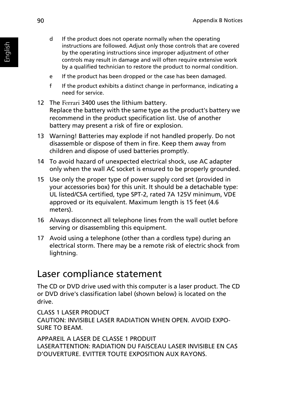 Laser compliance statement | Acer Ferrari 3400 User Manual | Page 100 / 109